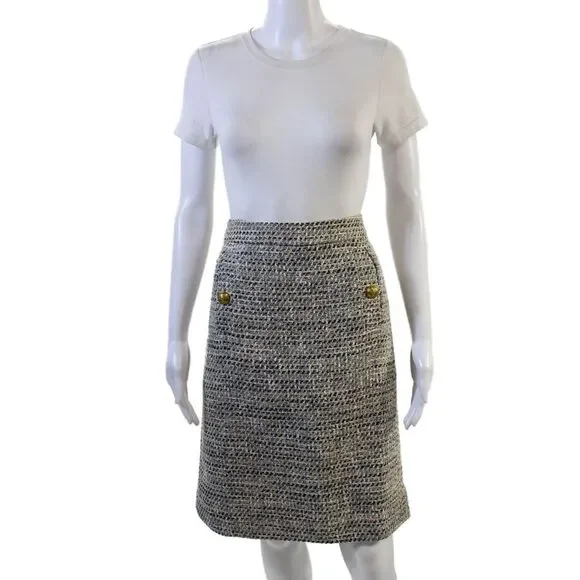 J Crew Womens Back Zip Knee Length Tweed Pencil Skirt White Blue Size 4 - Picture 1 of 7